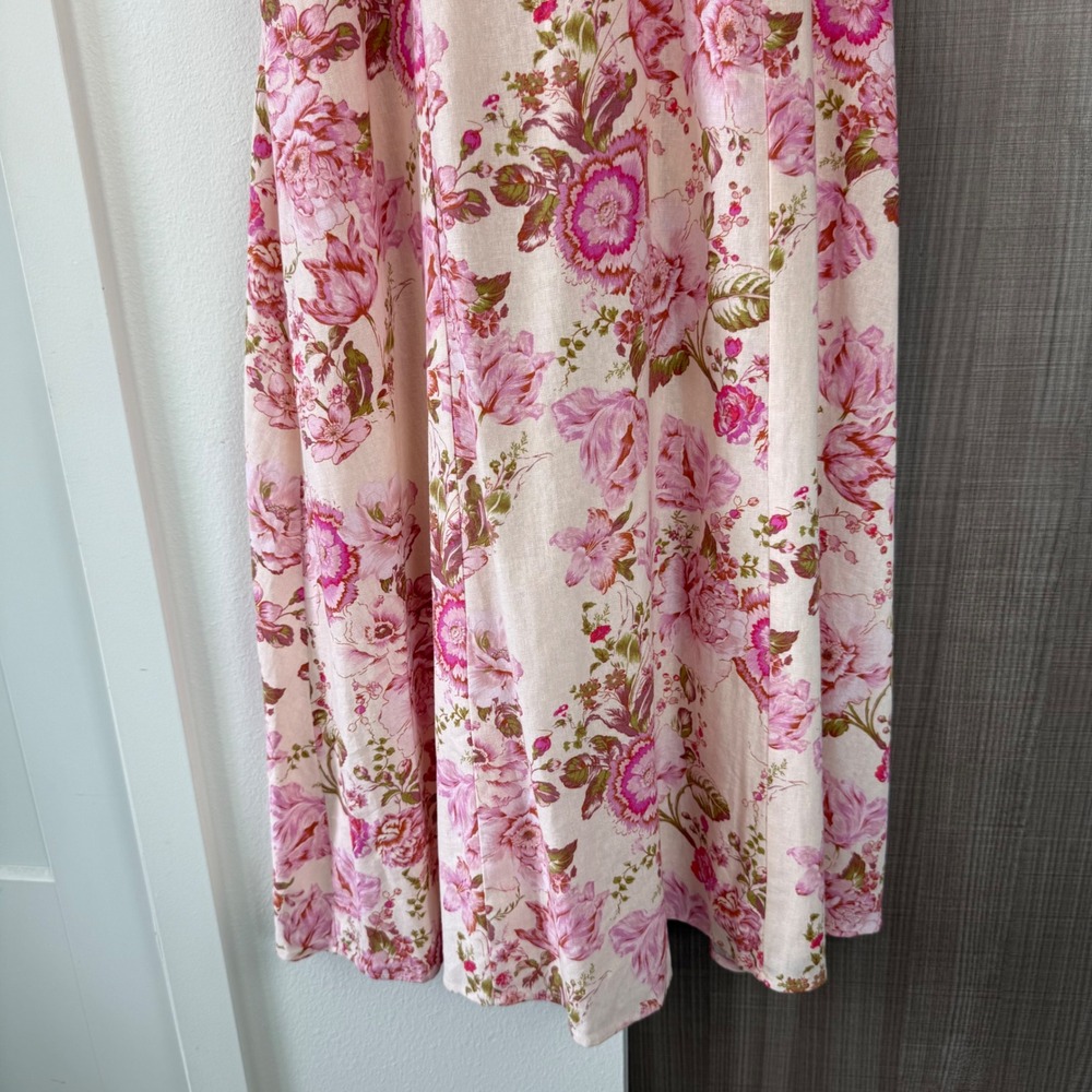 Avec Les Filles Pink Floral Print Puffed Sleeve Twist Bodice Midi Dress Size 12 - Picture 7 of 13